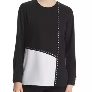 Calvin Klein Women's Colorblocked Black White Studded Long Sleeve Top Blouse  Xl